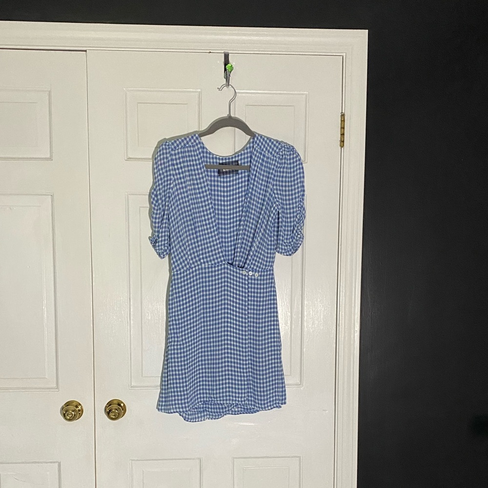 Reformation Blue Gingham Wrap Mini Dress